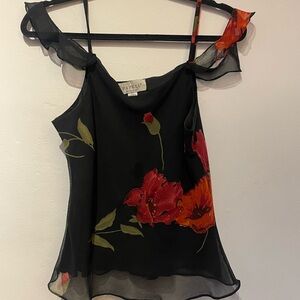 90’s Black Top with Red Floral Design and Beading